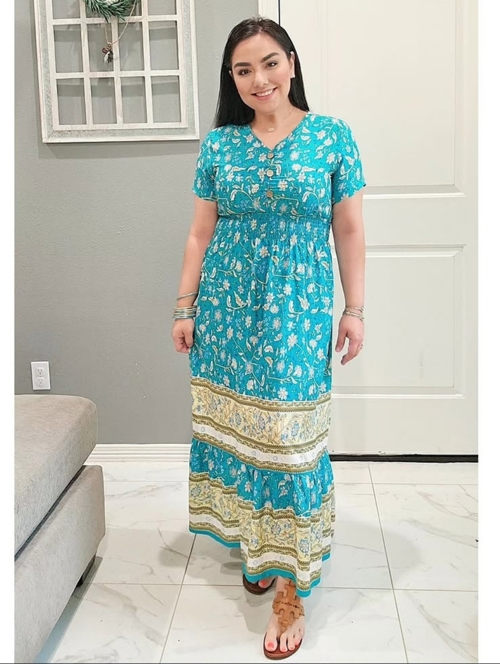 Teal Floral V-Neck Maxi Dress with Border Print